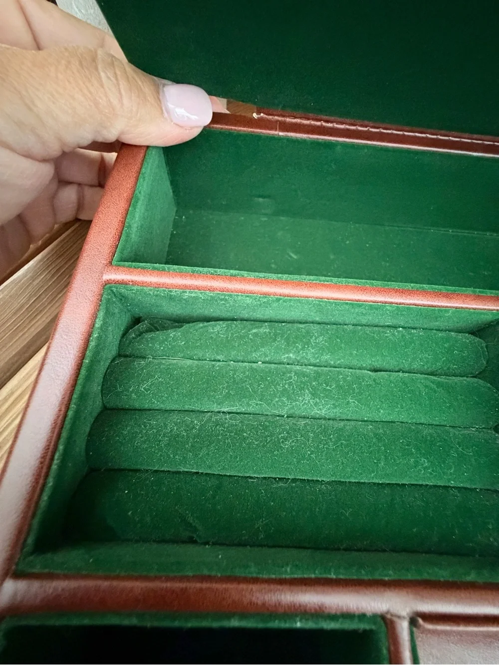 Vintage Faux Leather Valet Tray Jewelry Organizer Brown Green Flocked Interior